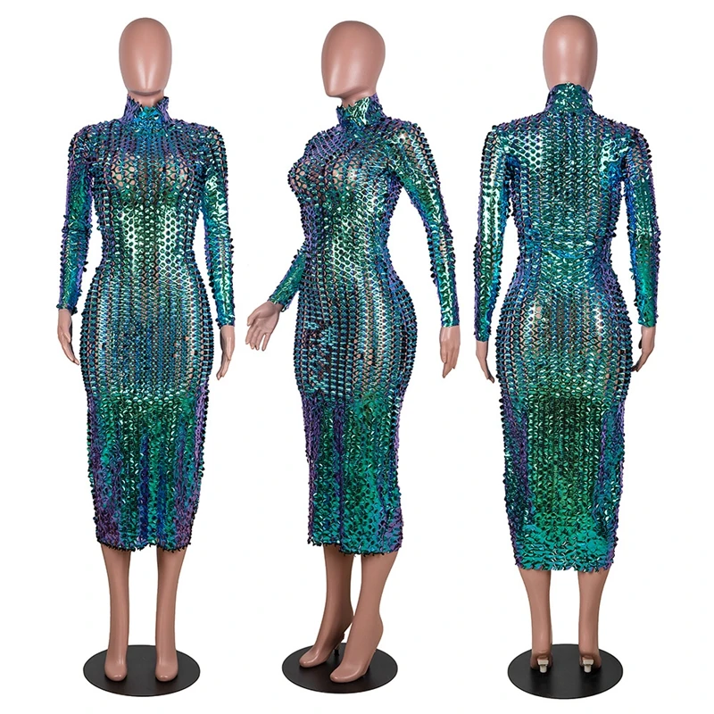 

Club Hollow Out Long Sexy Dress Women Autumn Clubwear Turtleneck Solid Midi Dresses for Women Party See-through Bodycon Dress