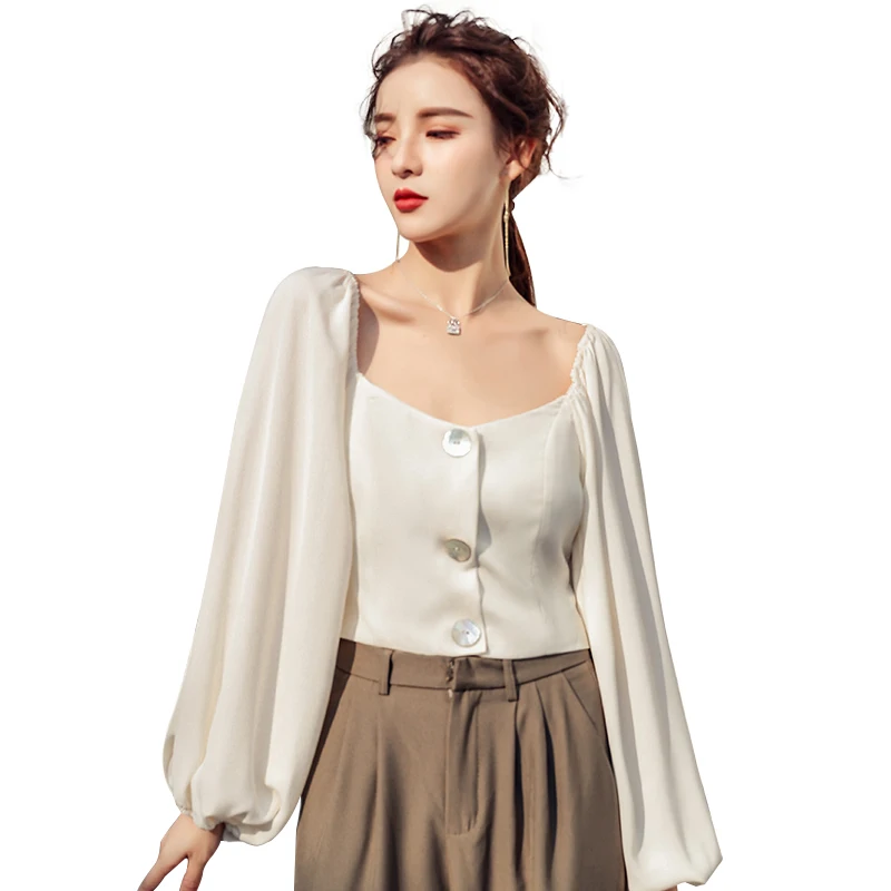 

Short Tops Puff Sleeve Blouse Women OL Work Wear Square Collar Fashion Zipper Up Shirts Ladies Tops Vintage Office Blusa Girls