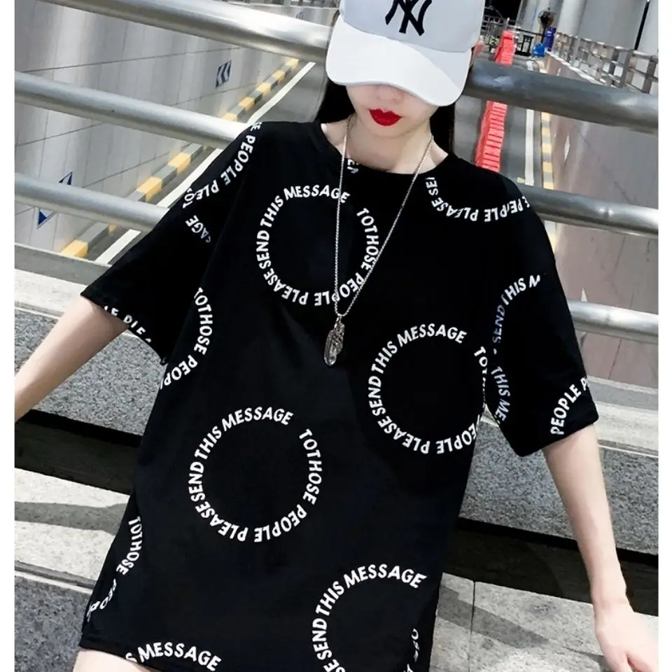 

Ladies spring and autumn cotton hot drill back loose large size short sleeve new T-shirt