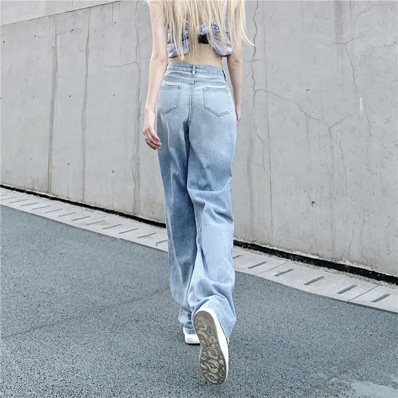 

Gradient Blue Straight Women Jeans Pockets Loose Denim Wide Leg Pants Streetwear Fall 2021 Purplelano