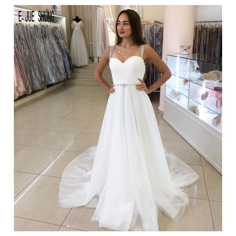 

E JUE SHUNG White Beach Wedding Dresses Spaghetti Strap Backless With Pleat Crystal Sashes Tulle Wedding Gowns vestido de noiva