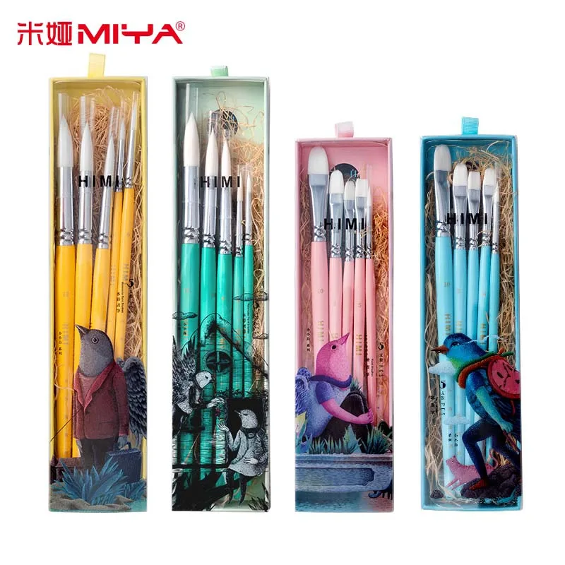 Miya Himi 5Pieces Kids Artists Gouache Paint Brushes Set for Acrylic Oil Watercolor Face & Body Gouache Painting with Hog Hairs