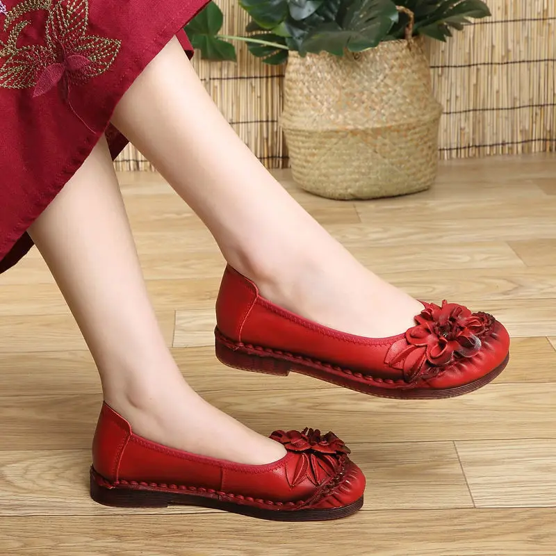 

Flower Vintage Flat Shoes For Women Ballet Flats Women's Genuine Leather Loafers Red Mocassins Luxuri Woman Shoe Slip On Loafers