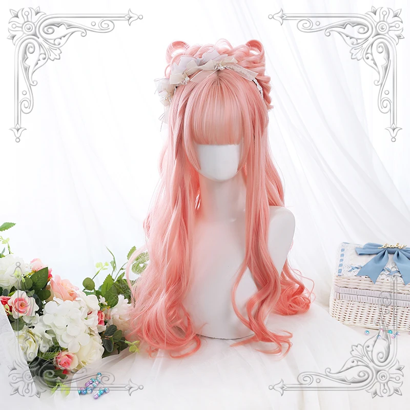 

High Quality Lolita Peach Pink Micro-Gradual Change Long Curly Hair Female Wig Cosplay Party