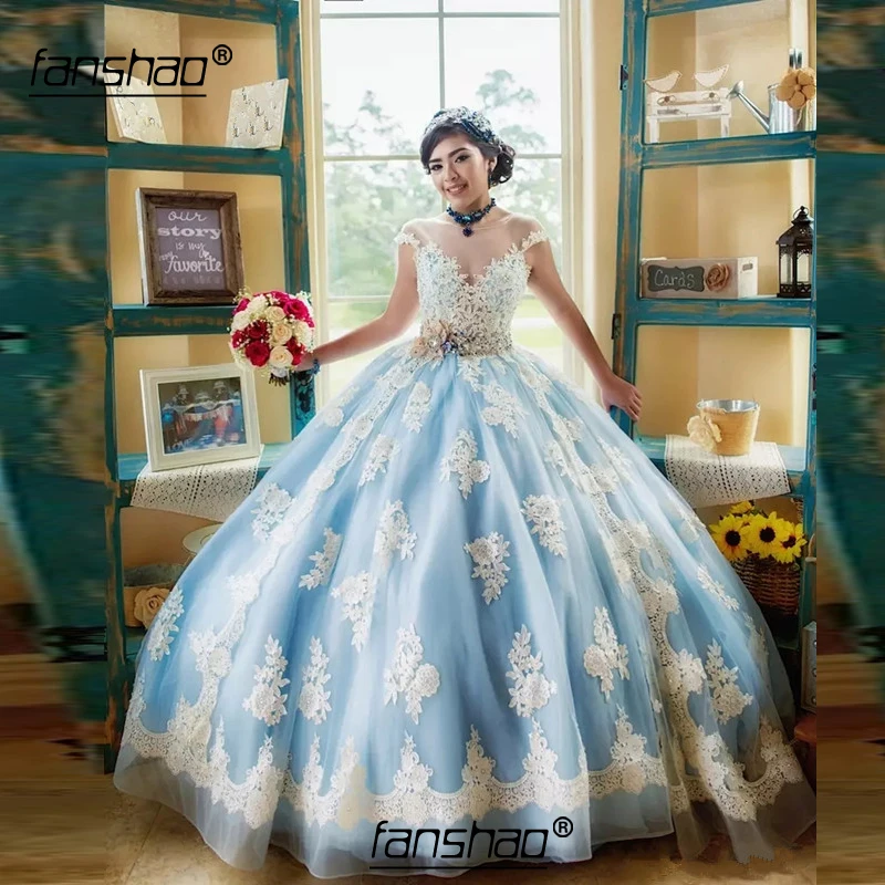 Популярные светильник небесно-голубой и белый Бальные платья Кепки рукав