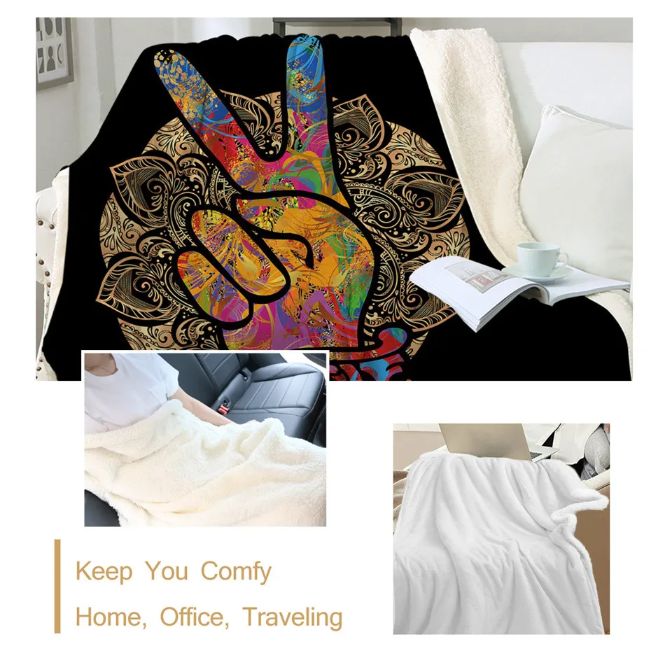 BeddingOutlet Флисовое одеяло в стиле хиппи искусственное плюшевое знак победы ретро