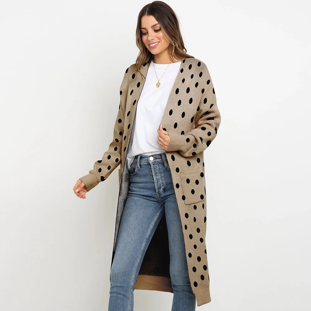 Dot-Khaki Tataria, Осень-зима, Женский вязаный кардиган с длинным рукавом, свитер, женский, Леопардовый, в горошек, вязаный, длинный кардиган, пальто для женщин - Цвет: Dot-Khaki