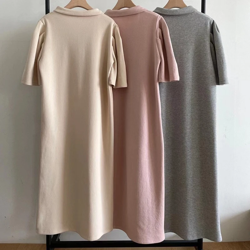 

GALCAUR Pullover Dress For Women Lapel Collar Short Sleeve Minimalist Oversize Solid Mid Dresses Female Fashion Clothes 2021 New