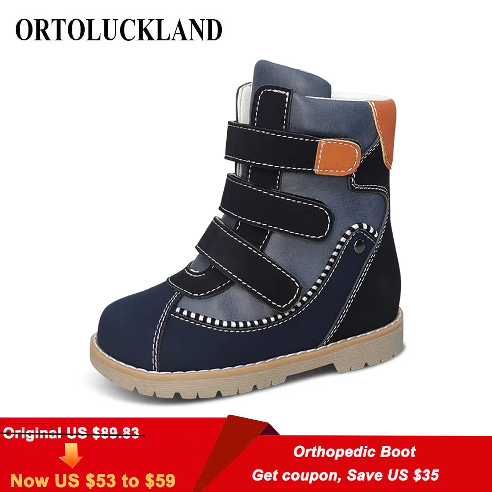 Ortoluckland Kids Shoes Boys Children Orthopedic Boots New Cow Leather Winter Fur Knight Booties Girls Snow Round Toe Footwear