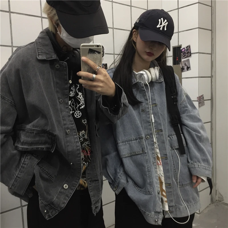 

Spring and Autumn Korean Style Ins High Street Retro Pocket Denim Jacket Women's Loose Boyfriend Couple Clothes Fried Street Top