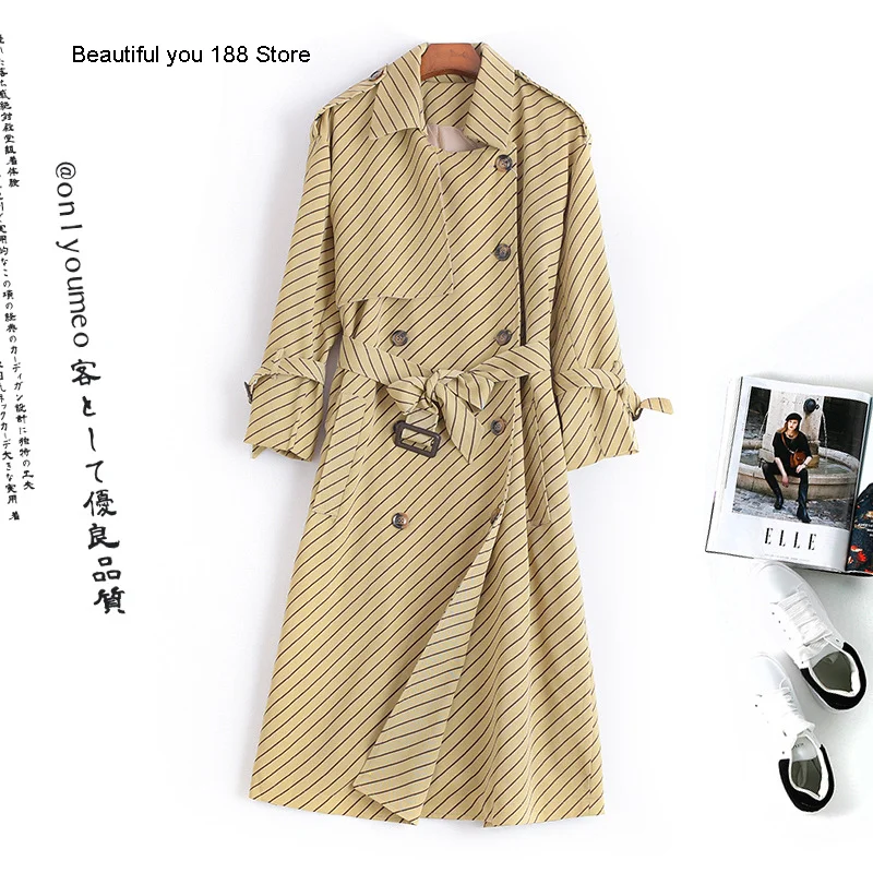 Осень зима тонкие средней длины зауженные полосатые пальто для женщин|Женские