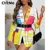 chicme autumn women all over print shawl collar single button blazer long sleeve casual elegant coat office lady outerwear tops