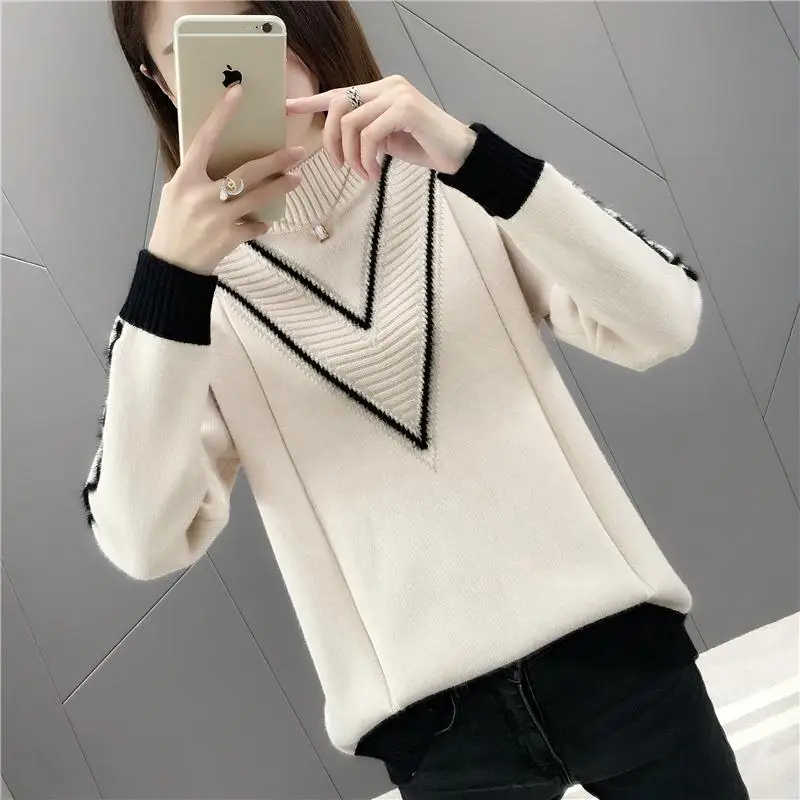 2021 Autumn And Winter New Korean Version Of The Loose Half-neck Sweater Women's Fashion Color Matching Short Tide | Женская одежда