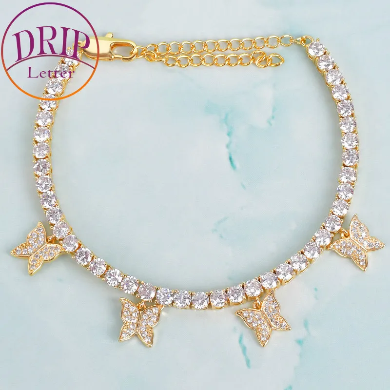 

Drip Letter Tennis Bracelet for Women Real Gold Plated Butterfly Charm Real Copper Rapper Hip Hop Jewelry
