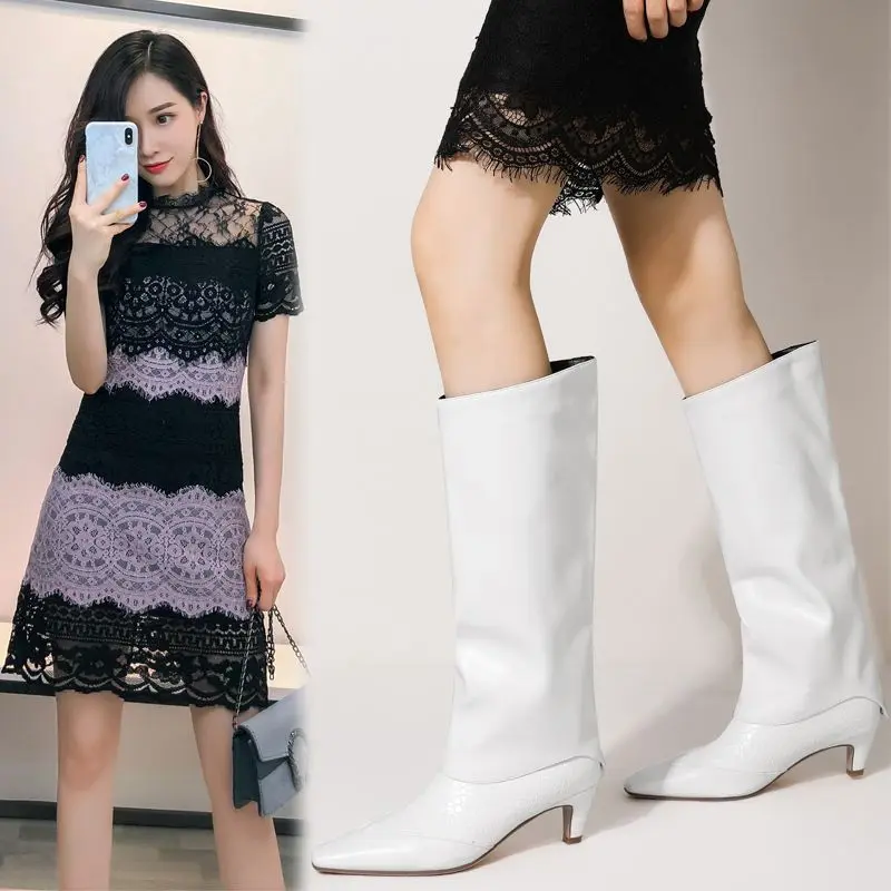 

2022 Leather Crocodile Pattern Shoes Knee High Women Square Toe Low Chunky Heel 5CM Fashion Boots Autumn Textured Slip on Boots