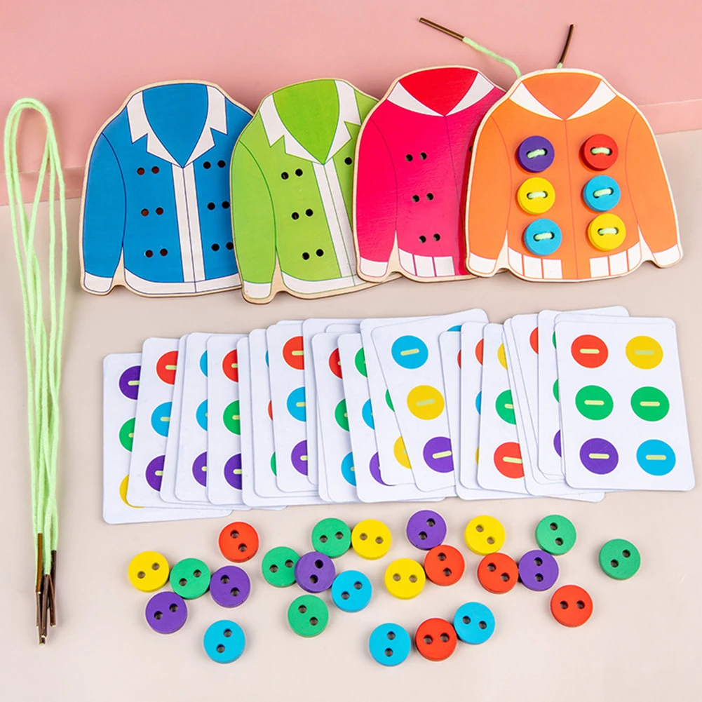 

Montessori Wooden DIY Wear Clothes Rope Threading Sewing Threading Button Basic Life Skills Learning Teaching Games for Kids