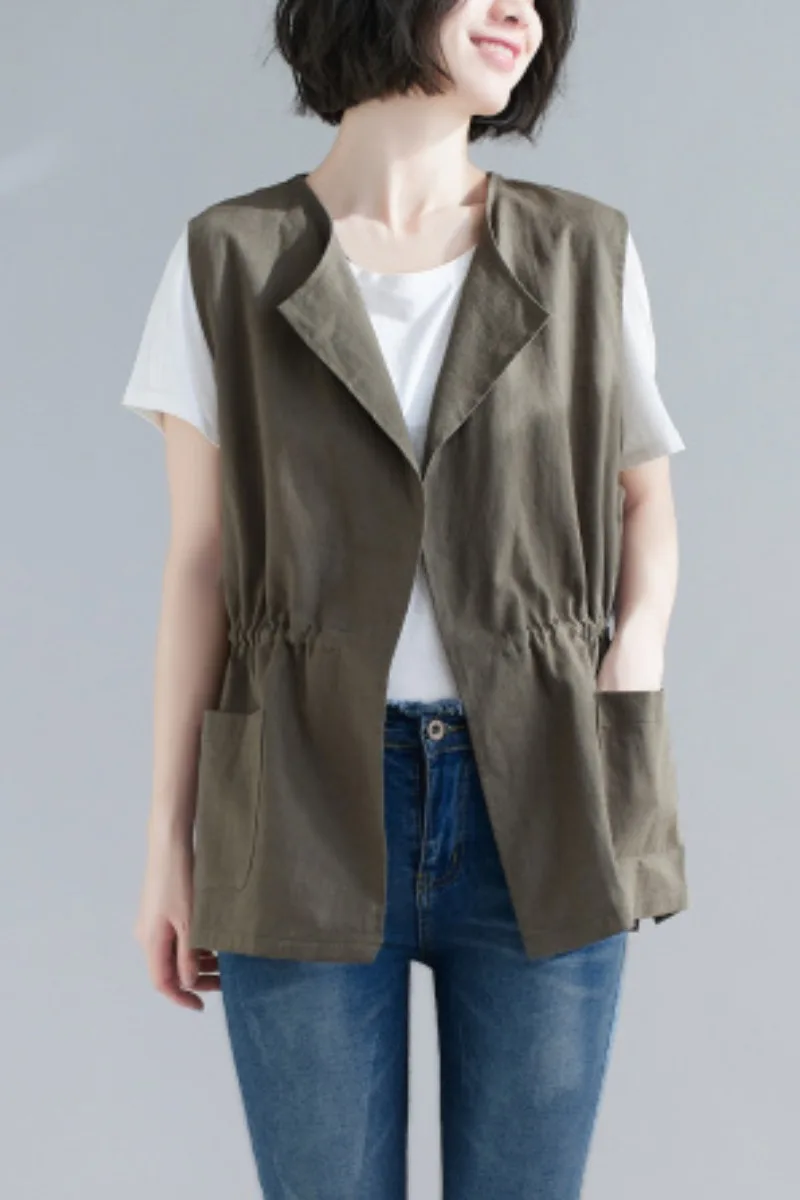 

Cotton Spring Women Vest New 2021 Fashion Solid Black Thin Pocket Loose Oversize Drawstring Side Split Sleeveless Garment Coat