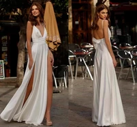 spaghetti straps beach chiffon wedding dresses 2021 v neck double high split simple boho wedding party gown vestidos de noiva