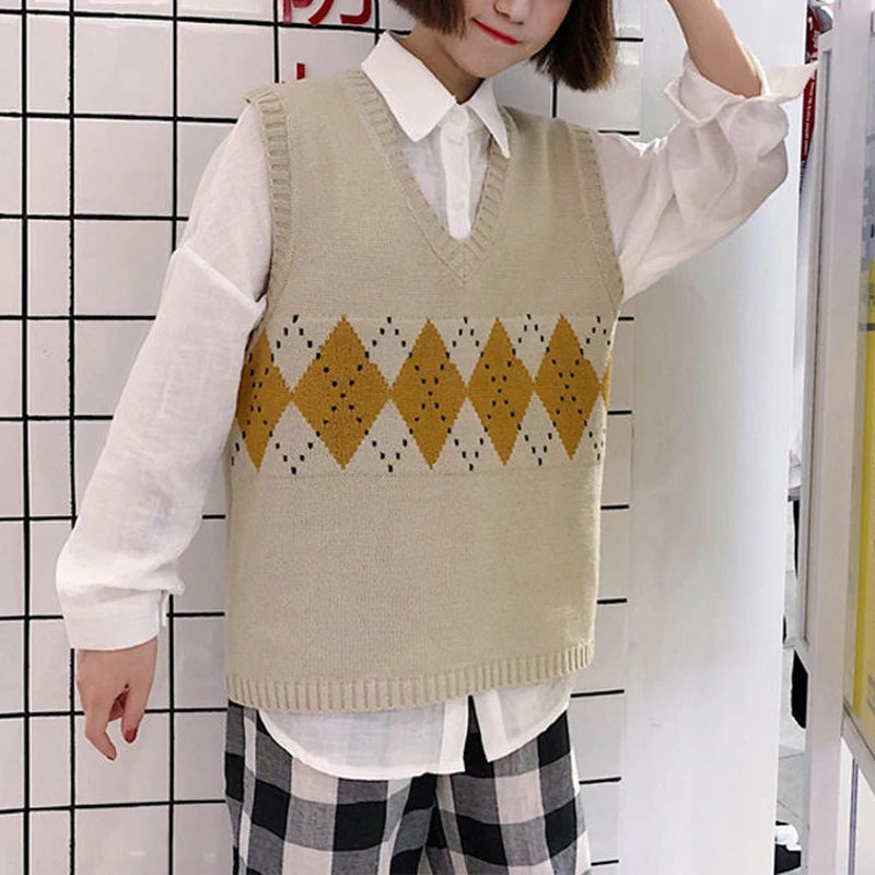 

Argyle Spliced Sweater Vest Women V-Neck Casual Vintage Pullover Knitted Sweater Soft Korean style Loose Sleeveless Tops