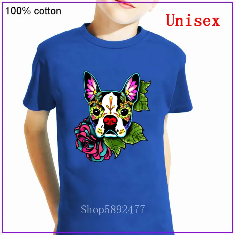 Детская футболка Boston Terrier - Day of the Dead Sugar Skull модная детская одежда для мальчиков и