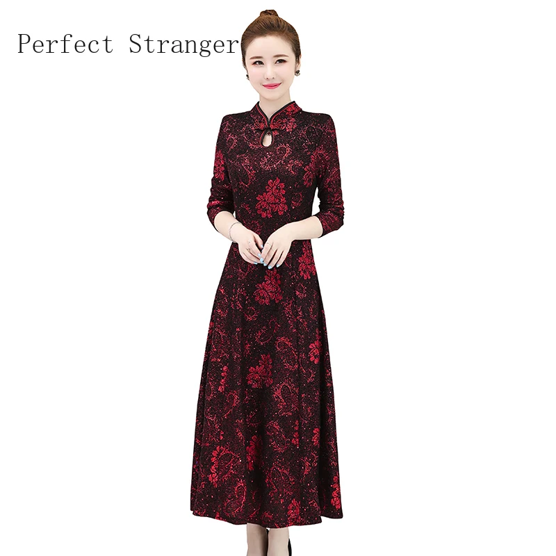 Осень Зима Новое поступление размера плюс M-3XL Ретро Cheongsam стоячий воротник жаккард длинный рукав женское длинное платье