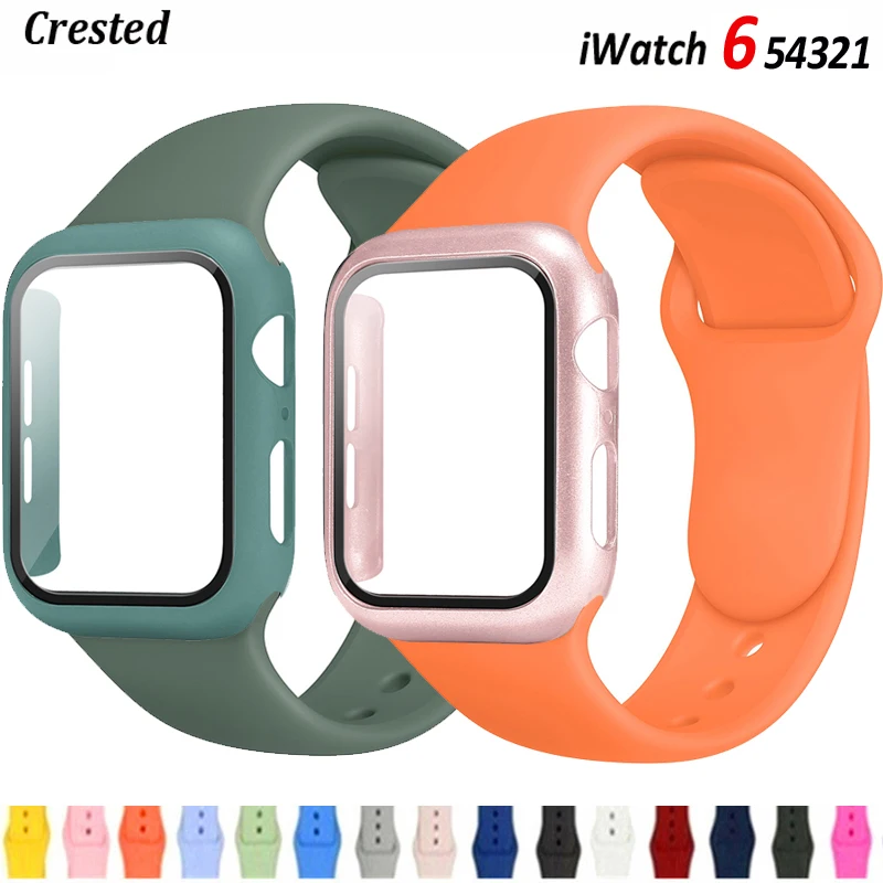 

Glass+Case+Strap For Apple Watch band 44mm 40mm 38mm 42mm 44 mm Silicone Sport smartwatch bracelet iWatch serie 3 4 5 6 se band