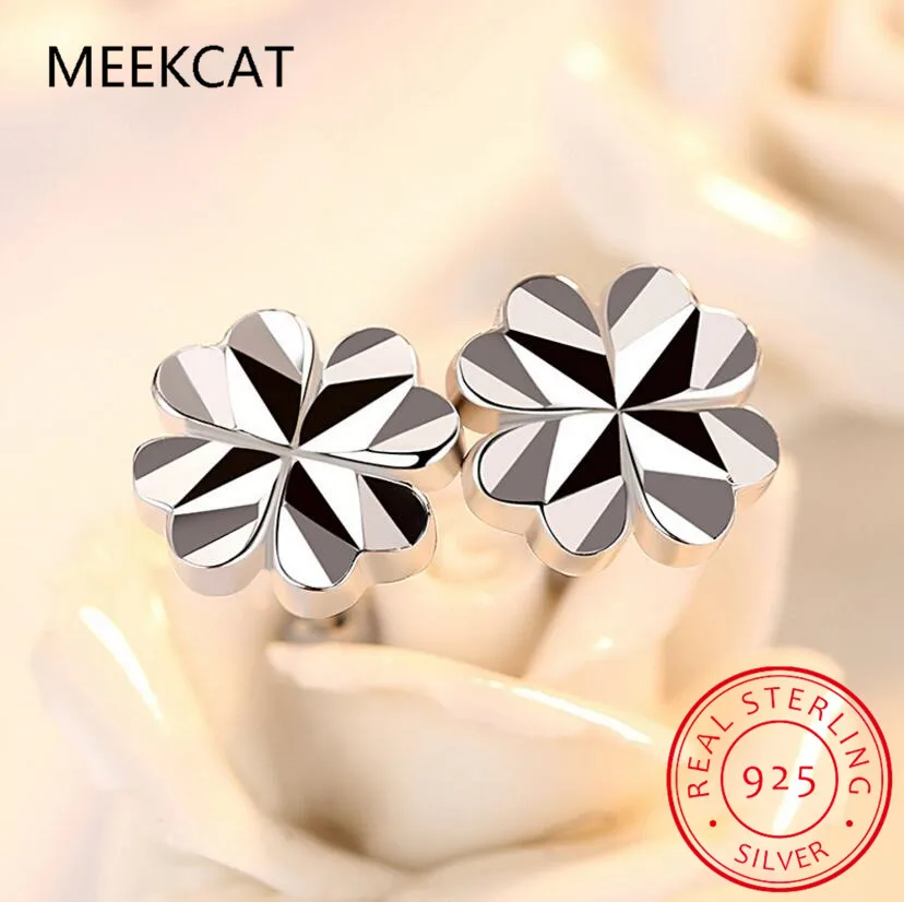 

MEEKCAT 925 Sterling Silver Stud Earrings High Quality Woman Fine Jewelry New Flower Lucky Four Leaf Clover Hot Sale Earrings