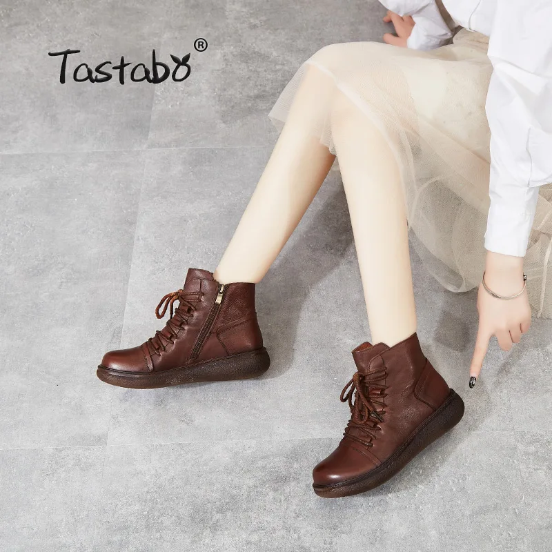 

Tastabo Genuine Leather Original Handmade Lady Boots Soft bottom shoes Everyday Leisure Women's boots Black Brown S267-1 Zipper