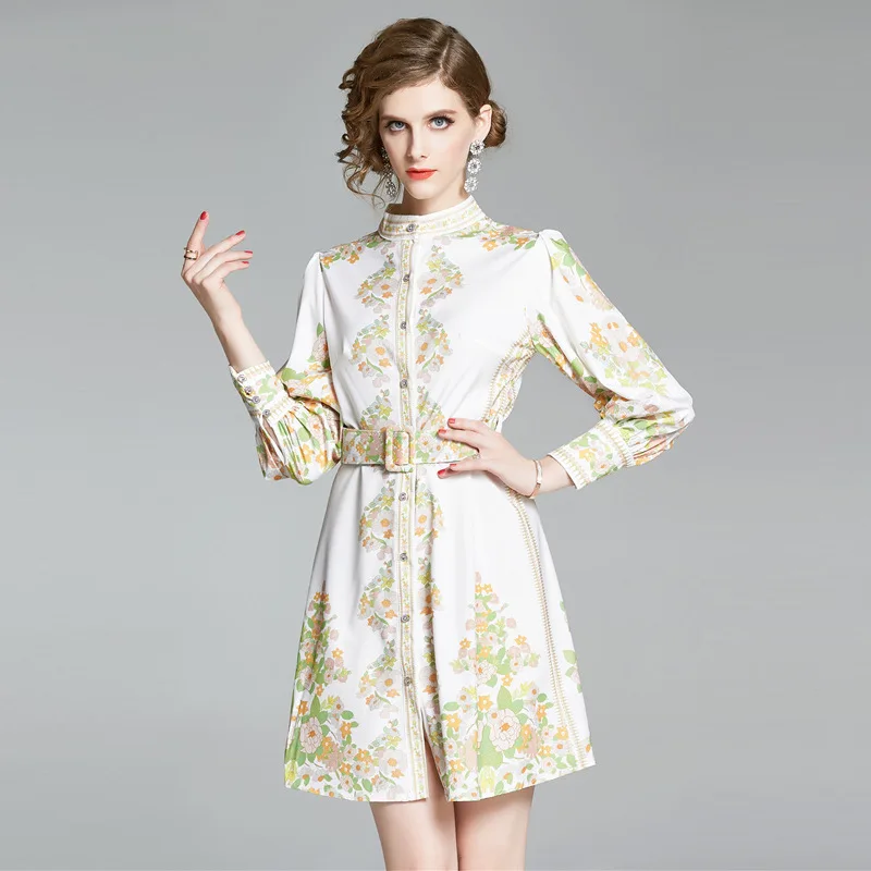 

2020 Luxury Autumn Print High Quality Dress long Sleeve Female Elegant Sashes Dresses O-neck Women Casual Royal Lady Dress Slim