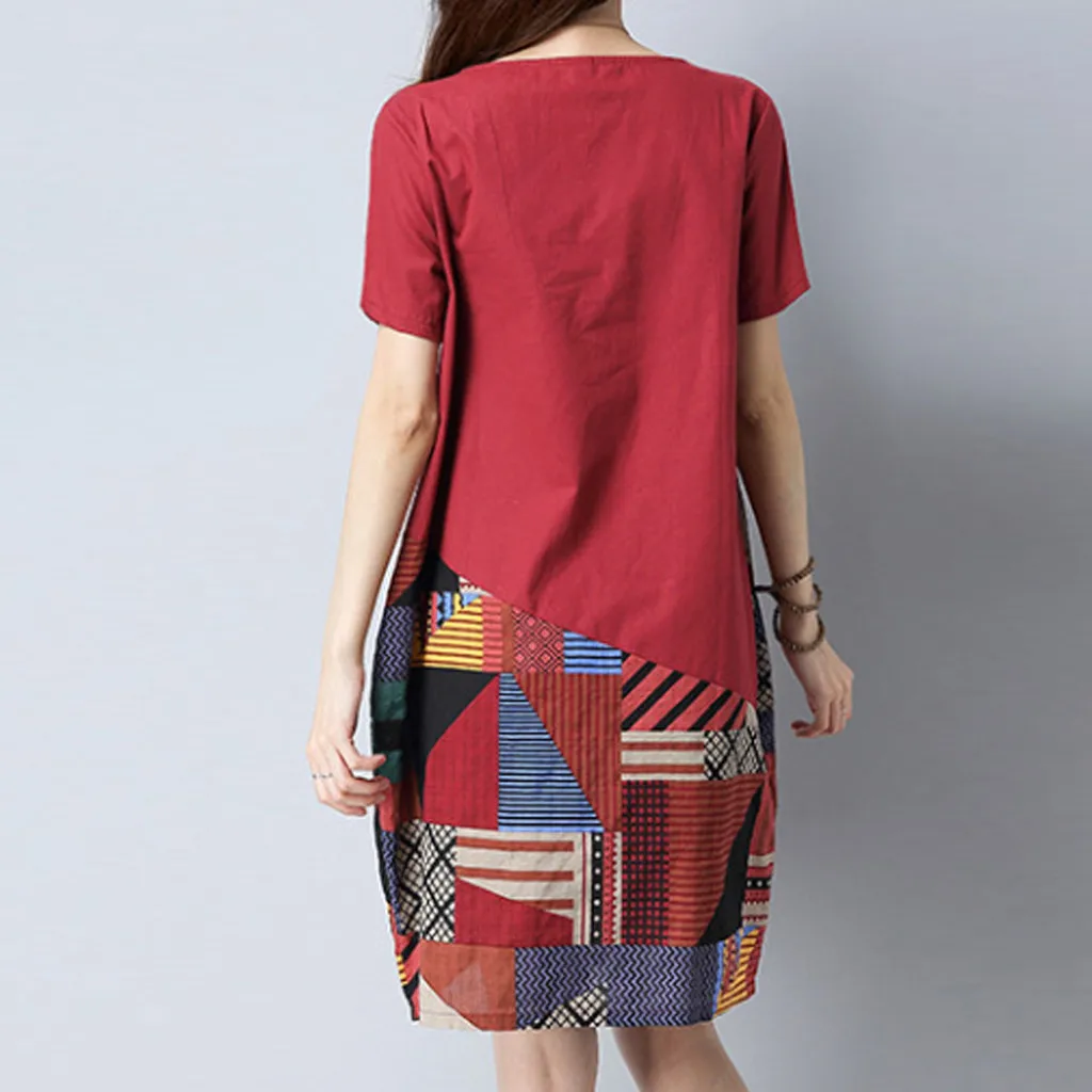 Женское винтажное платье повседневное хлопково-льняное с круглым вырезом в