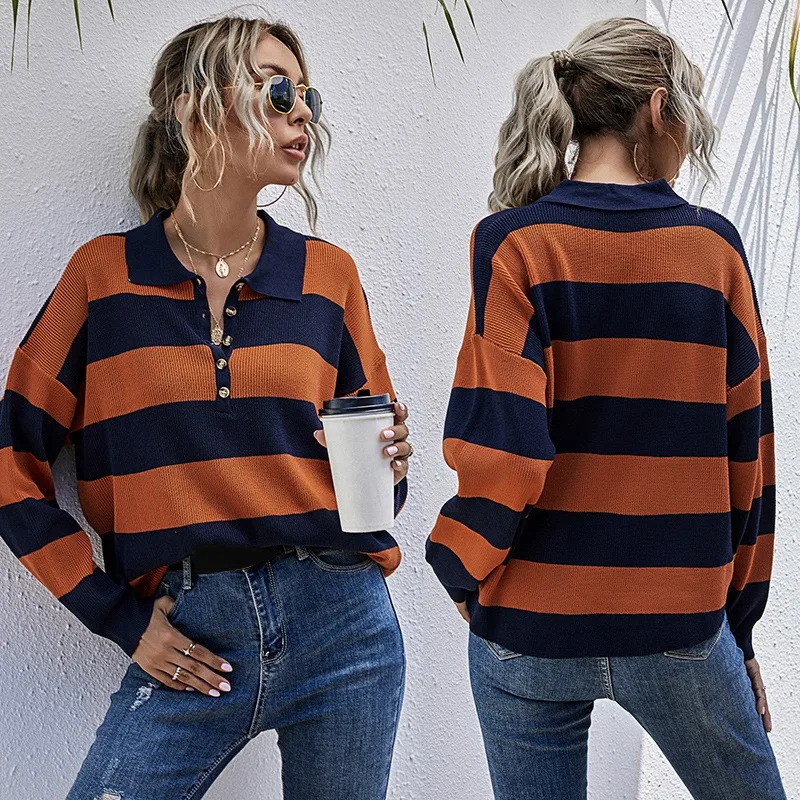 

Fashion New Women Long Sleeve Pullover Knitted Sweaters Female Stripe Basic Knitwear Tops