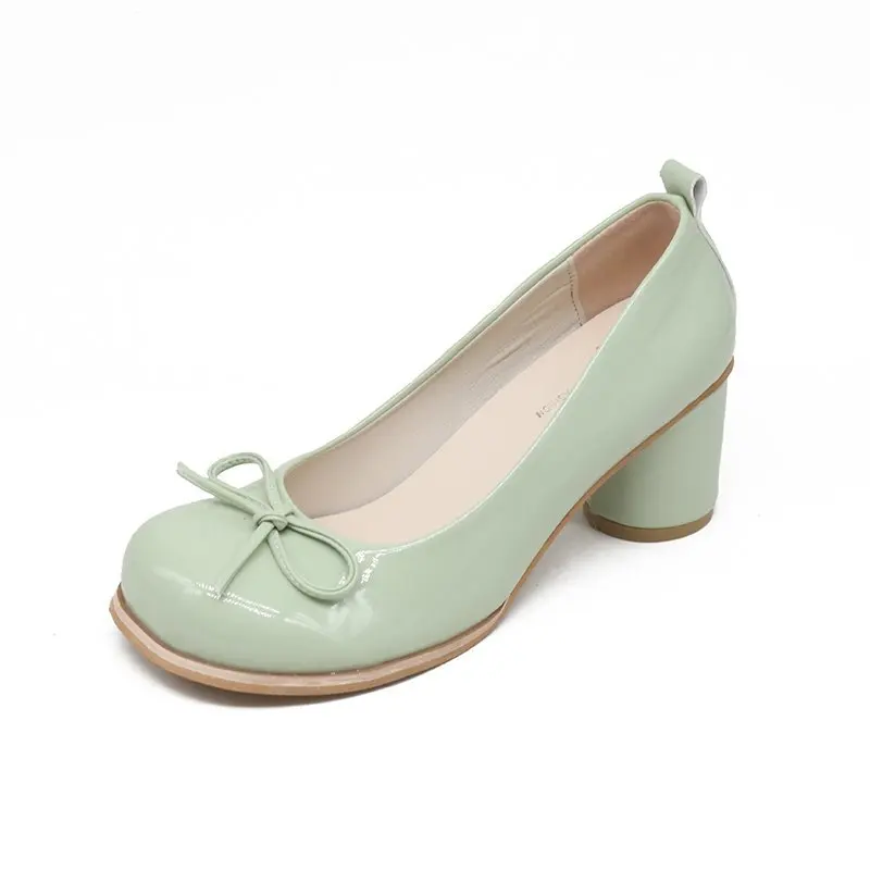 

Korean version of high heels women's round head shallow mouth bow thick heel single shoes candy color Mary Jane high heels