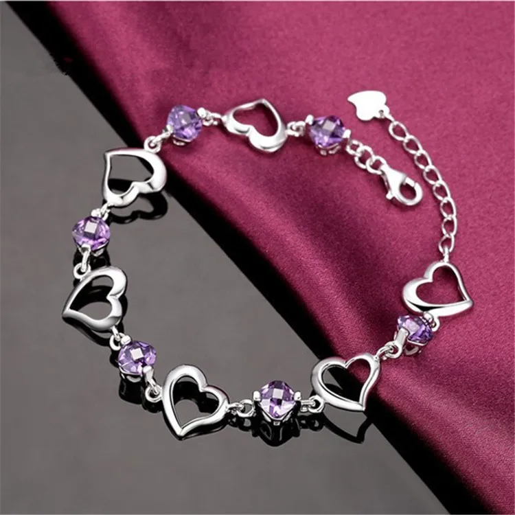 

2021 Korean New Silver Plated Love Heart CZ Purple Crystal Bracelet Fashion Charm Women OL Style Wedding Anniversary Jewelry