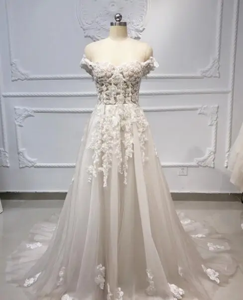 Off shoulder straps Бохо свадебное платье милое ТРАПЕЦИЕВИДНОЕ кружевное свадебное платье с кристаллами и бусинами длинное пляжное свадебное платье Vestido de Novia WN79 - Цвет: Off shoulder straps