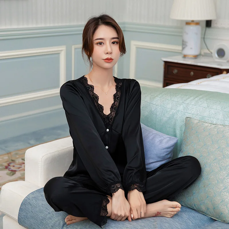 2021 Spring Autumn New Lace Edge V-Neck Long Sleeve Nightwear Housewear Suit Thin Shirt Women's Pajamas Sets Sexy Sleepwear