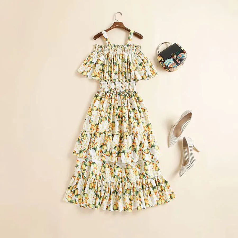 Элегантное женское длинное платье 2020 европейское с принтом лимона вырезом