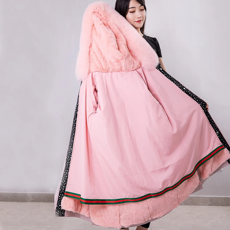 Pink Rabbit Tcyeek/зимнее пальто из натурального меха, Женская парка из натурального меха кролика Рекс, корейская Толстая теплая куртка, длинная куртка с капюшоном из лисьего меха, PK-9T - Цвет: Pink Rabbit