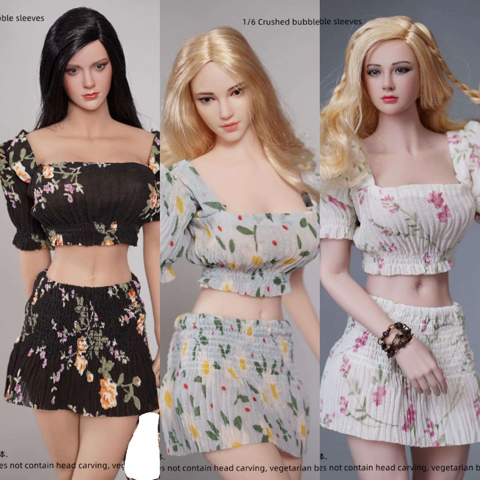 

1/6 Female Soldier Floral Puff Sleeve Elastic Short Skirt Clothes Set Fit 12'' Action Figure Body