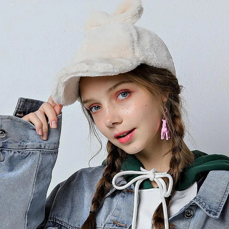 2019 зимняя модная женская бейсболка с кроличьими ушками из искусственного меха