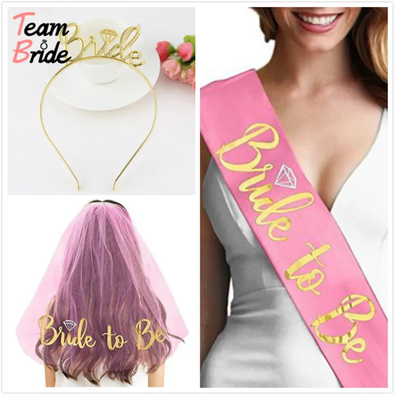 

Bride To Be 3pcs/lot Wedding Decorations Bridal Shower Wedding Veil Satin Sash team bride Bridal Veils Girl Hen Party Decoration