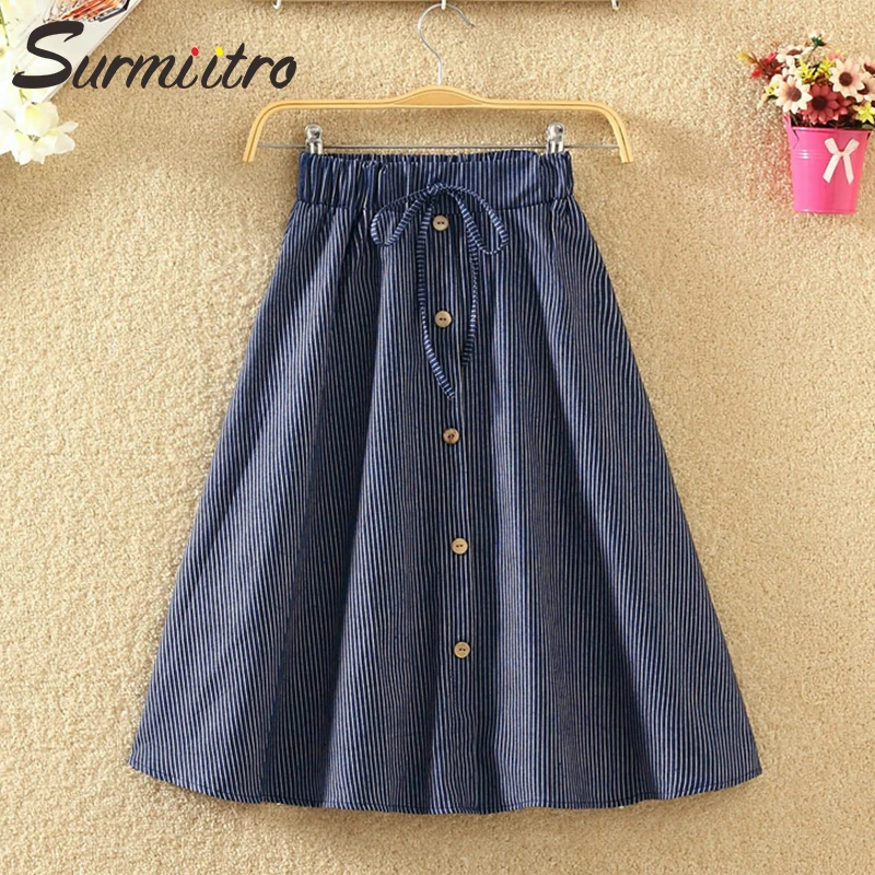 SURMIITRO Knee Lenth Denim Skirt Women For Spring Summer 2021 Korean Blue Striped High Waist Sun School Midi Skirt Female