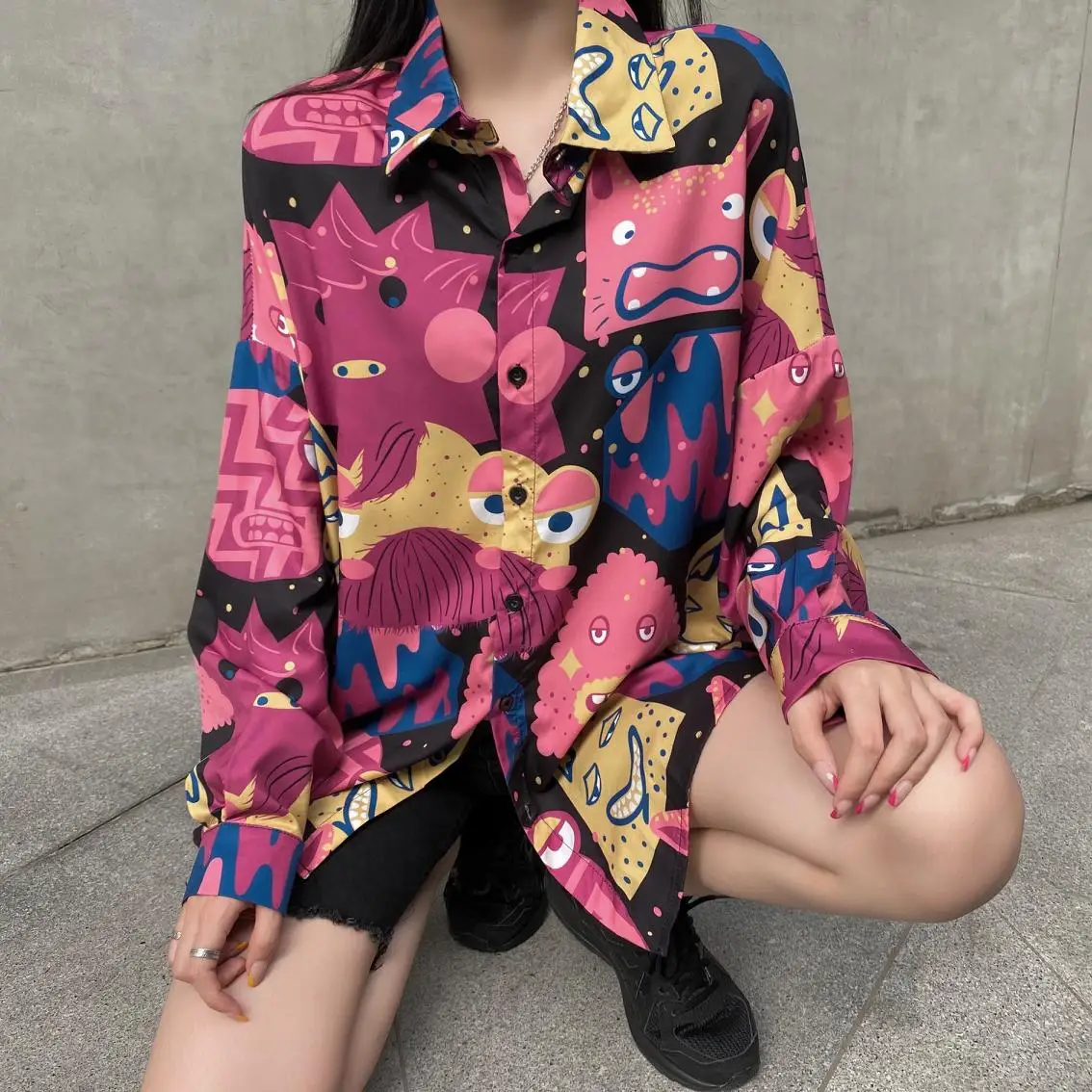 

Cartoon Printed Shirt Shirt Women 2021 Spring and Autumn Fashion Loose Button Shirt Long-Sleeved Harajuku Retro Top