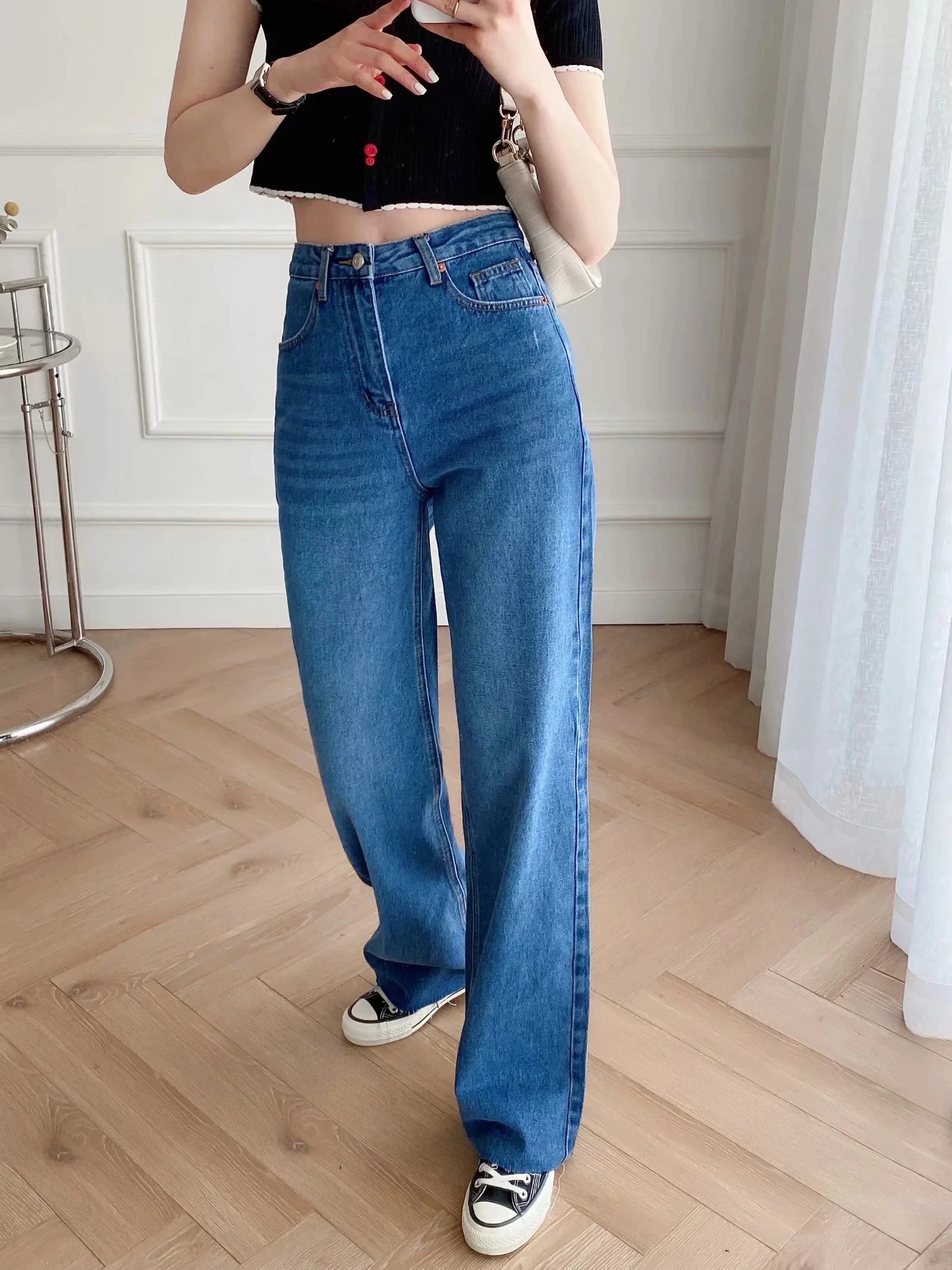 Maxdutti  High Waist Jeans 2021 England Style Vintage Mom Jeans Woman Loose Burrs Boyfriend Jeans For Women Denim Wide Leg Pants