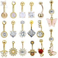 zs 1 piece gold color stainless steel belly ring flower heart cz crystal navel belly button rings butterfly navel piercings 14g