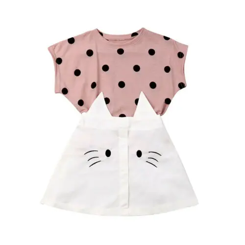 Fashion Toddler Baby Bibs Girls Cute Soft Cotton Outfit Dot T-shirt Tops + Cat Skirt Summer 2Pcs Children Clothes Set | Детская одежда
