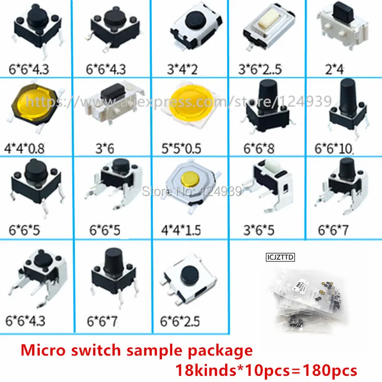 180 шт each10 шт * 18 видов сенсорный Микро Переключатель образец посылка 3*4*2 3*6*2,5 мм 4x4x0,8 3*6*5 6x6x5 7 мм 6x6x4,3 6*6*2,5 5*5*0,5 2x4мм