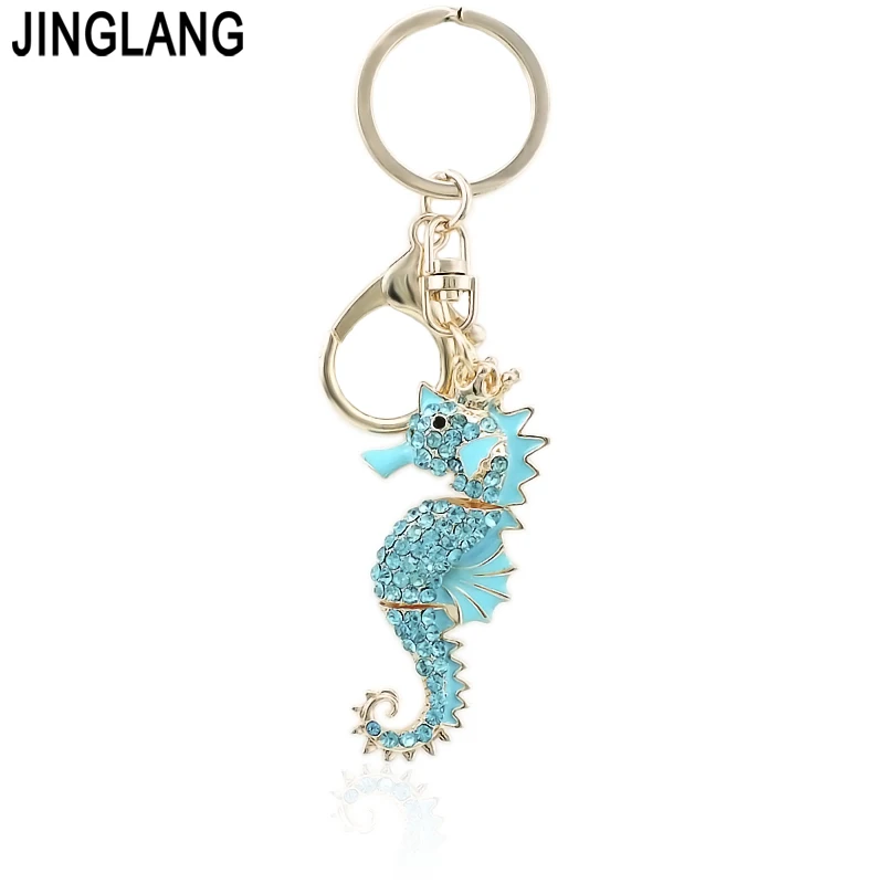 JINGLANG Gold Color Lobster Clasp Keyring Crystal Enamel Sea Horse Animal Charms Keychains For Men Jewelry Car Pendants | Украшения и
