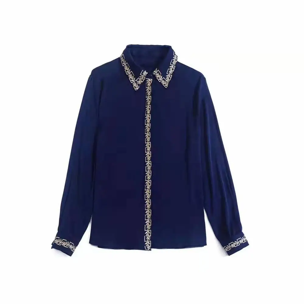 

and American women's European clothing 2021 The new spring Long-sleeved lapel style embroidered silk shirt
