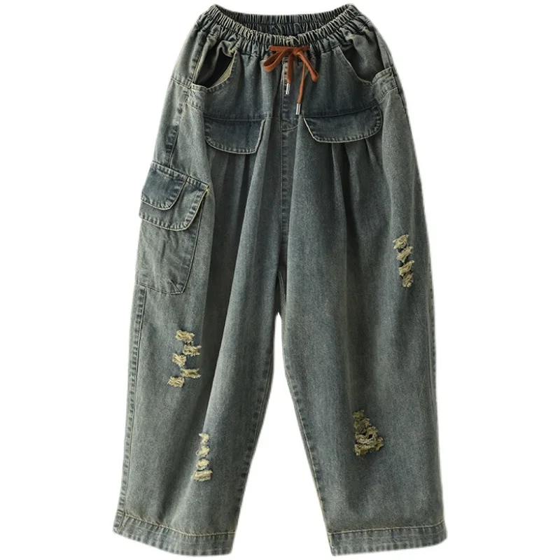 

SOUL OF TIGER British Fashion 2021 Trousers Women Vintage Ripped Jeans Ladies Holes Casual Harem Pants Oversized Denim Pantalons