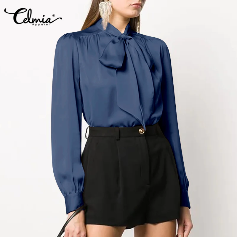 

Celmia Elegant Bow Tie Neck Satin Blouses Office Lady 2022 Autumn Women's Workplace Tops Blusa Casual Fashion Long Sleeve Shirts